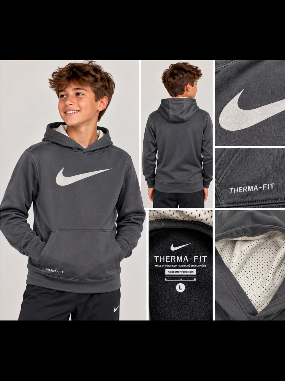 Nike Dark Gray Therma-FIT Hooded Sweatshirt with White Swoosh Size L